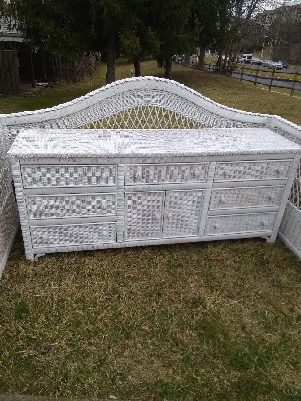 White Wicker Head Board and Dresser