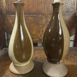 (2) Handmade Stoneware Oil Lamp - Signed - Excellent Condition - High Quality