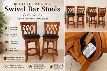 Set of 2 Solid Wood Swivel Bar Stools – Excellent Condition