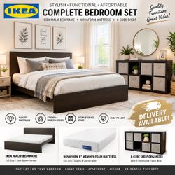 IKEA MALM Full Bed + Novaform Memory Foam Mattress + 8-Cube Storage Shelf
