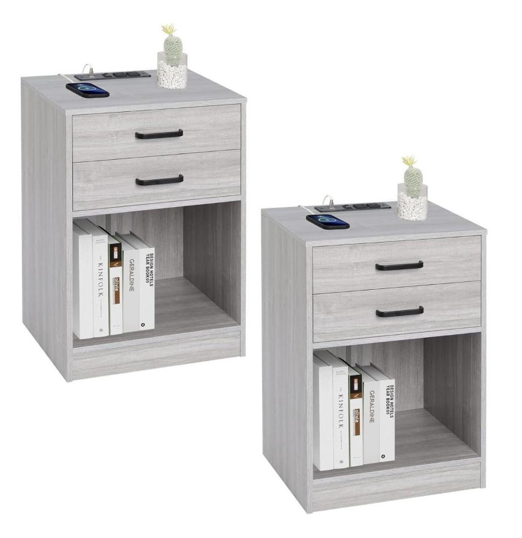 🥨Set of 2 Grey Nightstands  with Charging Station & 2 Drawers, end table, side table for Bedrooms
