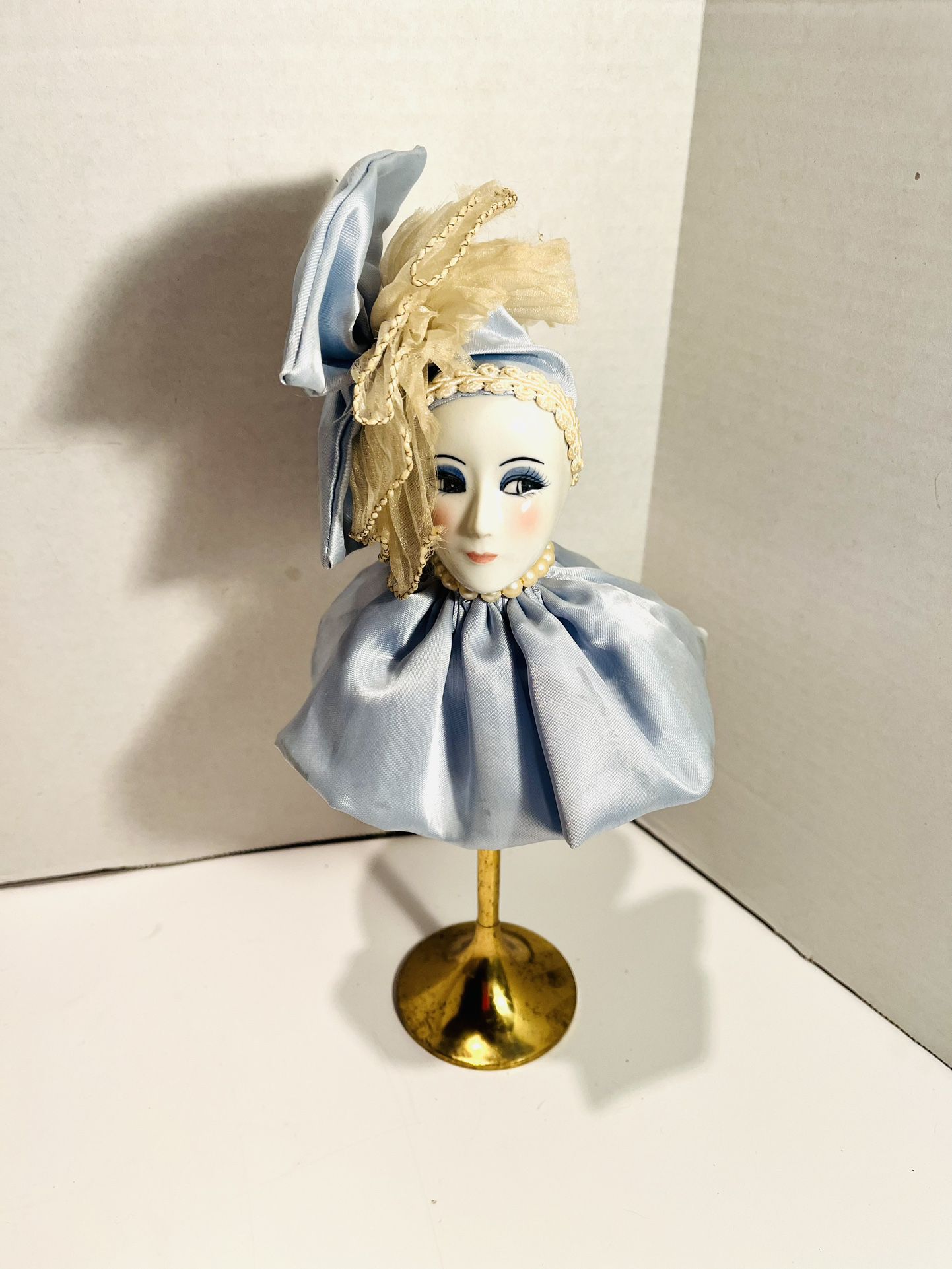 Porcelain Head On Metal Stand Blue Satin Fabric Flapper Cap Pearls 20's Style