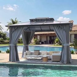 New Sealed-10'x12' Hardtop Gazebo Outdoor Permanent Gazebo with Double Polycarbonate Roof Canopy, Aluminum Frame Permanent Pavilion with Curtains and 