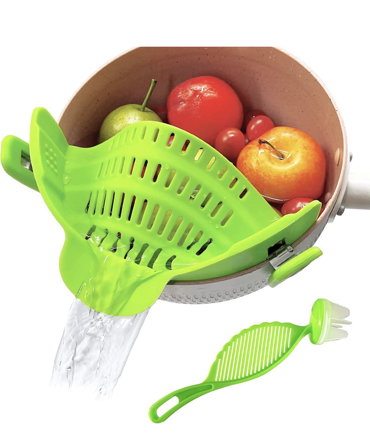 Upgraded Style Clip-On Strain Strainer, Large Size Silicone Food Heat Resistant Strainers Hands-Free Pan Food Strainer for Spaghetti Fruit Vegetable,