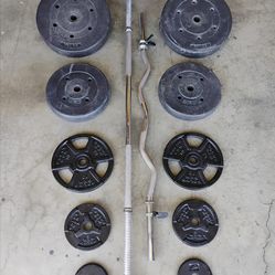 Barbell, Curl Bar and 115 lbs of Weights