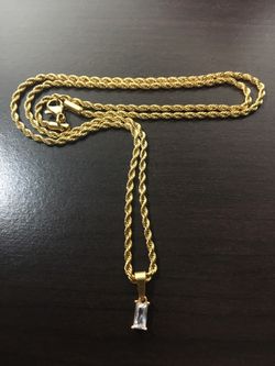 Gold Color Necklace With Crystal Pendant/Unisex/ 2mm W - 22” L