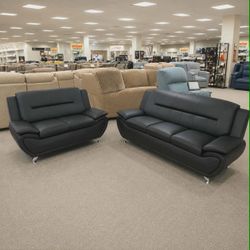 Black faux leather 2 piece sofa and loveseat set