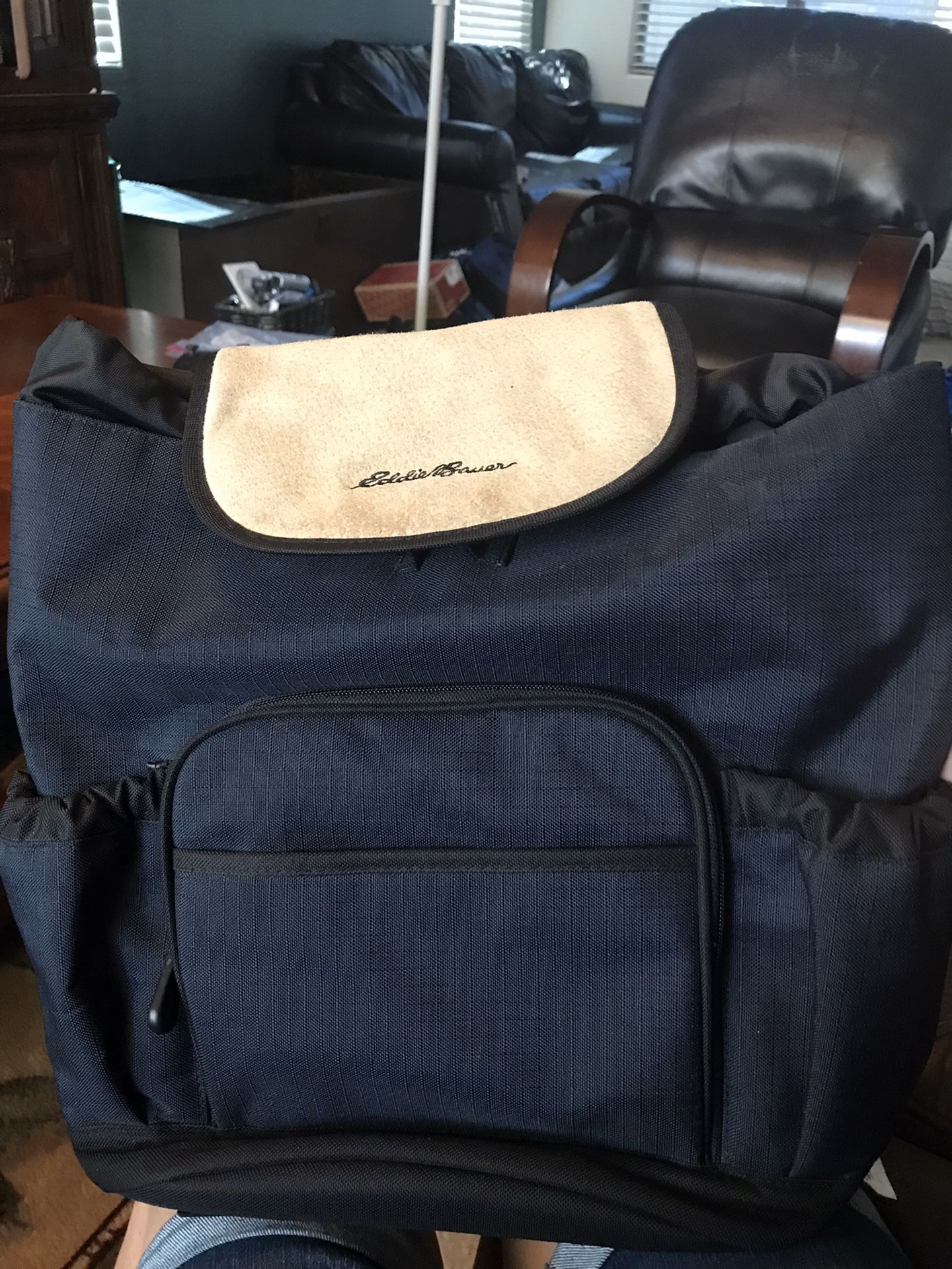 Eddie Bauer Dark Navy Blue with Tan Leather Flap School or Work Backpack Book Bag