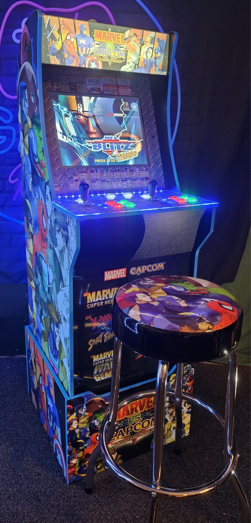 Retro Marvel Vs Capcom Arcade1up Cabinet With Over 15,000 Video Games and Matching Stool