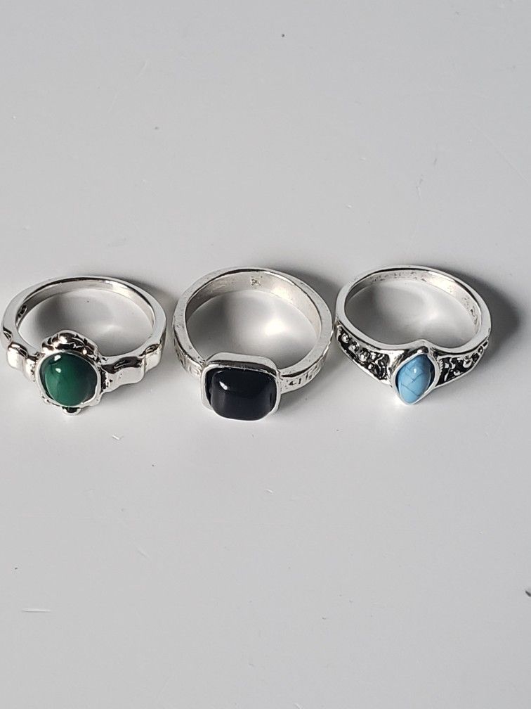 3 Pieces Women's Rings Bohemia Antique Silver platedStone Finger joint Ring, Fashion Size 6.5