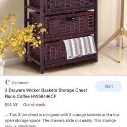 Costway 3 Drawer Storage Unit Tower Shelf Wicker Baskets Storage Chest Rack