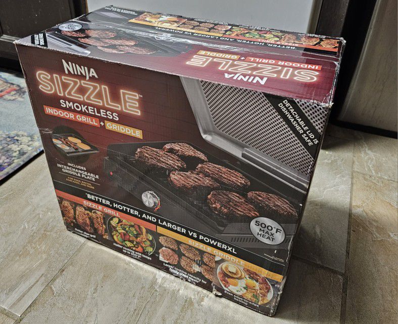 Ninja GR101 Sizzle Smokeless Indoor Grill & Griddle, 14'' Interchangeable  Nonstick Plates, Dishwasher-Safe Removable Mesh Lid, 500F Max Heat, Even