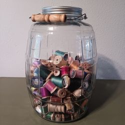 Vintage 2.5 Gal. Pickle Jar w/196 Wooden Spools of Thread