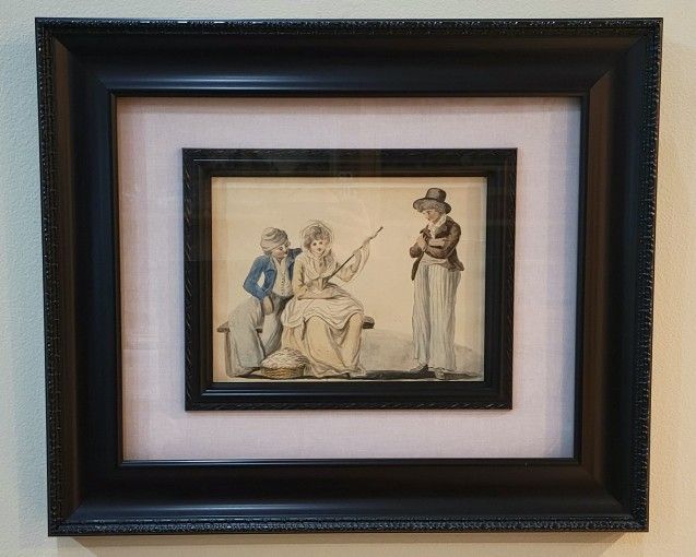 Regency Era Watercolor Pen Ink Woman Spinning Flax Distaff 26x22 Framed
