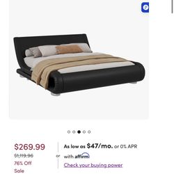 Black Upholstered Profile Sleigh Bed with Luxury Ergonomic Faux Leather Headboard