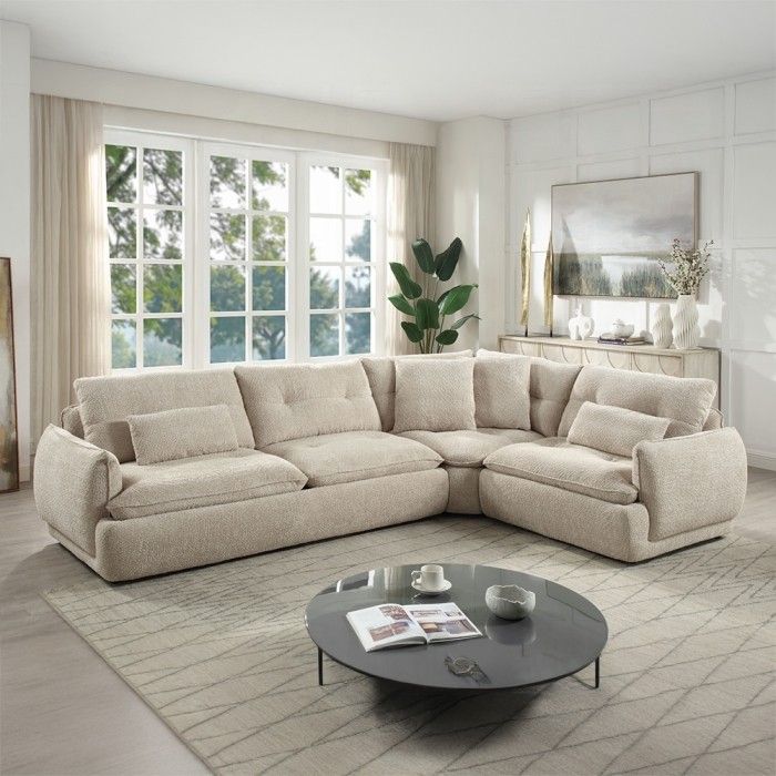 Brand New Beige Super Plush Chenille Sectional Sofa (Pillows Included)