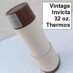 Vintage Invicta 32 oz. Thermos for Hot Cold Beverages (11.5” High, 3.5” Bottom Diameter) with Cap, Screw-On Server / Pressure Adapter, Made in Brazil

