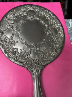 Silver Plated Hand Mirror Vintage Aged Patina Embossed Round Floral Design