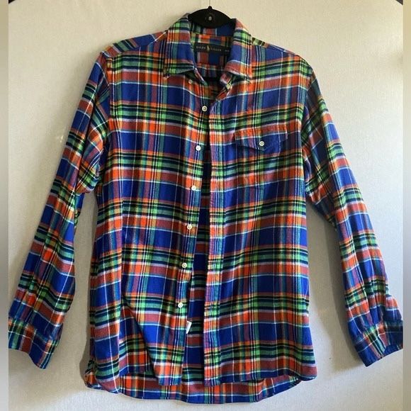 Ralph Lauren Blue Green Cotton Plaid Unisex Flannel Button Up Shirt Sz M