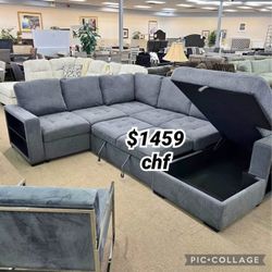 Dark Gray Sectional Sleeper Sofa With Pull Out Bed  128"W X 99"D X 40"H