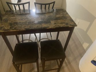 Marble Look Dining Room Table with Two Barstools and Two High backed Chairs