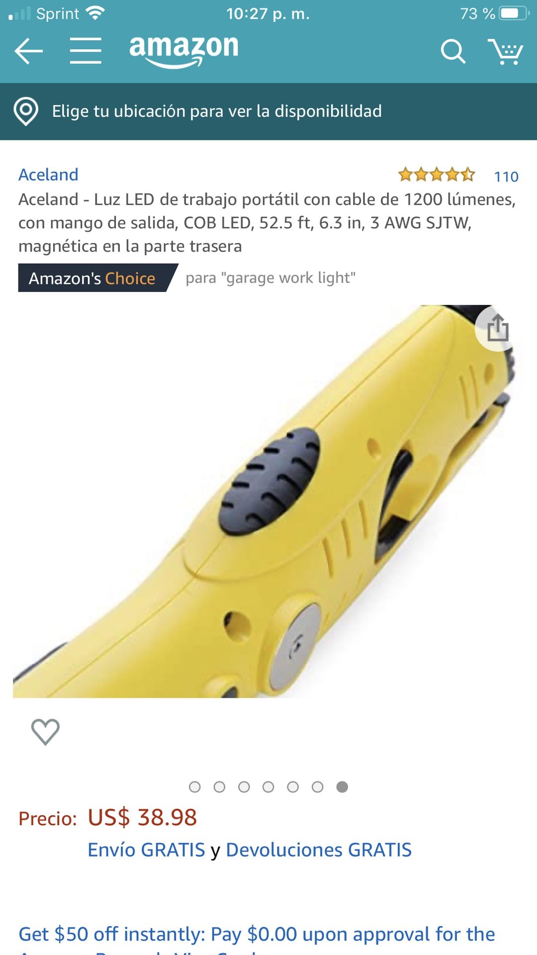 Aceland - Luz LED de trabajo portátil con cable de 1200 lúmenes, con mango de salida, COB LED, 52.5 ft, 6.3 in, 3 AWG SJTW, magnética en la parte tra