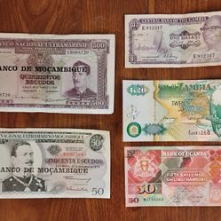 Lot Of 5 Africa African Mozambique, Zambia, Uganda And Gambia Bills Banknotes Currency