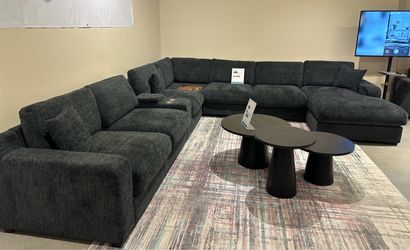 Large Dark Gray Fabric Sectional Sofa with Chaise