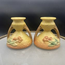 Roseville Art Pottery Bittersweet Pattern Candlestick Holders Yellow 851-3 VG 