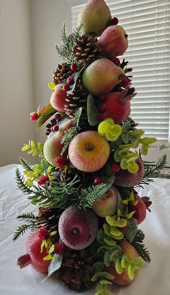 Holiday, Fall Or Thanksgiving Topiary Sugared Fruit Tree Centerpiece 16" Tall