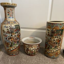 2 Beautiful Japanese Vases & 1 Japanese Plant Holder- See Description for Measurements