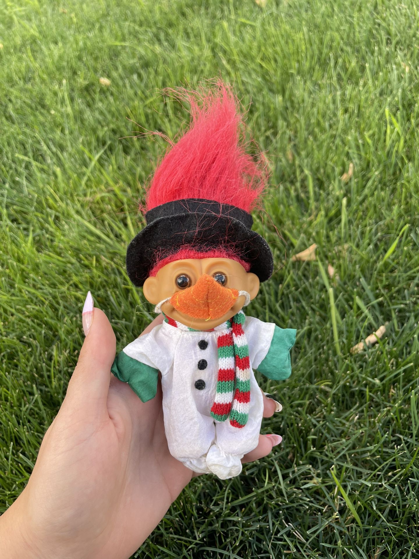 Vintage Russ Snowman Suit Troll Doll w/ Christmas Scarf Hat Nose W/Red Hair