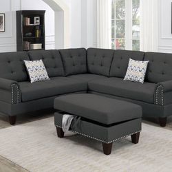 Dark Gray Sectional Sofa With Ottoman (Free Delivery)