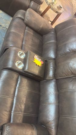 Dark Brown Leather Reclining Sofa with Cup Holders