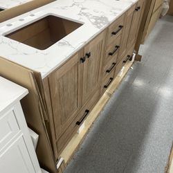 Bathroom vanity cabinet 72” solid Teak Quartz top with sinks and backsplash 