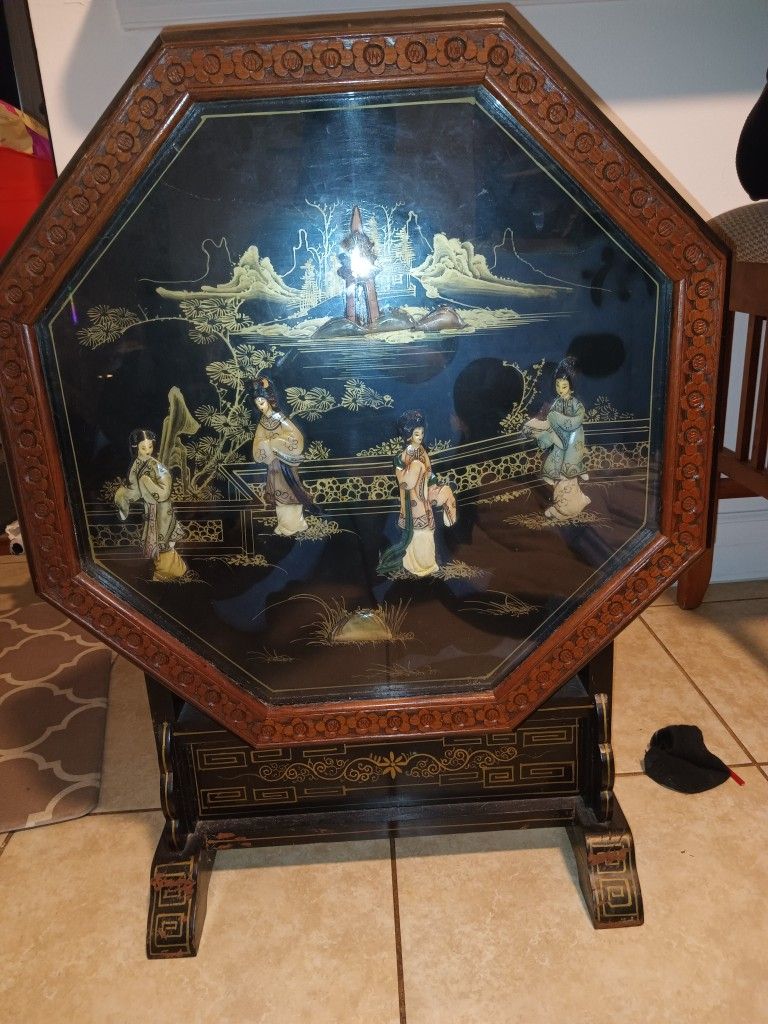 RARE Antique Vtg CHINESE Lacquer TILT TABLE Mother of Pearl Landscape Geisha