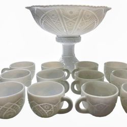 1950s 14 Piece Milk Glass Punch Bowl Set