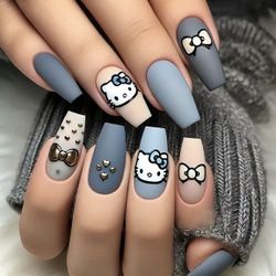 Brand New 24pcs Cute Glossy Blue Hello Kitty Press On Nails