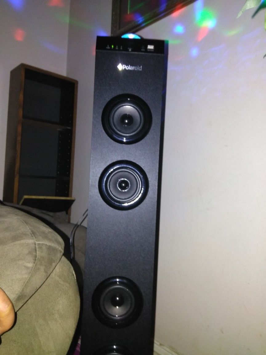Polaroid Bluetooth wireless speaker tower with 4ct spk led disco ball that rotates illuminating multi colored lights all around w/remote control
