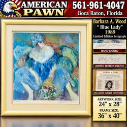 Barbara A. Wood Blue Lady 1989 Signed Limited Edition 694/925 Framed 36x40