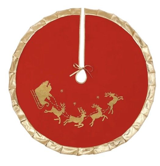 Red Christmas Tree Skirt with Gold Rim Diameter 24" Flannelette Santa Reindeer Xmas Party Holiday Decorations for 2ft Tree Red 24"