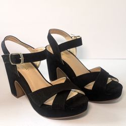 Black Platform Block Heel Sandals with Ankle Strap Size 7.5