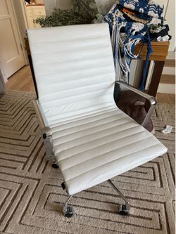 Faux Leather White Swivel Rolling Desk Office Chair Chrome Metal Base Eames Style