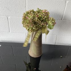 Decorative Ceramic Vase with Faux Hydrangea Arrangement & Ribbon