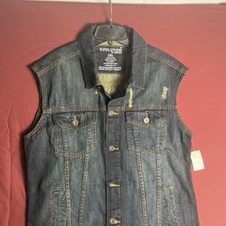 Evolution And Design Man, Jean Vesti, Blue, And Orange Rustic Stitches