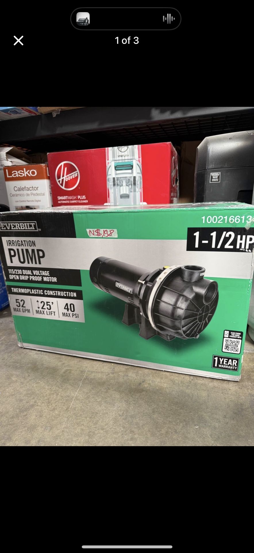 Everbilt 1-1/2 HP Plastic Lawn Sprinkler Pump.