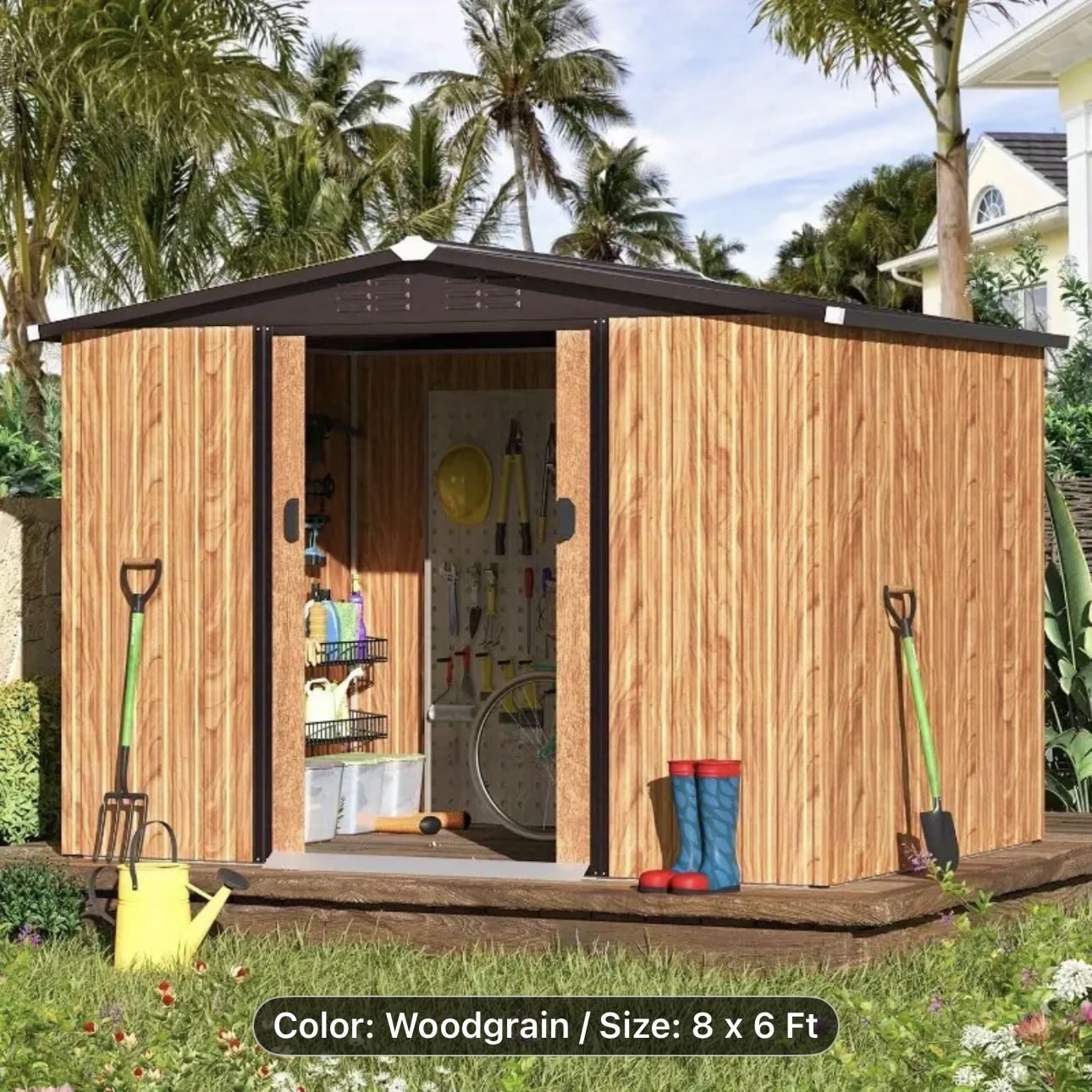 $300 firm!!! 8’x6’ wood grain brown Metal Storage Shed in box, NO HOLDS!!!