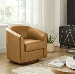Genuine Leather Barrel Chair with 360-Degree
Swivel Modern and Solid Wood Base for Contemporary Living Room and Office Seating
CAMEL