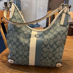 Coach Teal Green Signature Logo All Leather Medium Shoulder Purse In Great Lightly Used 