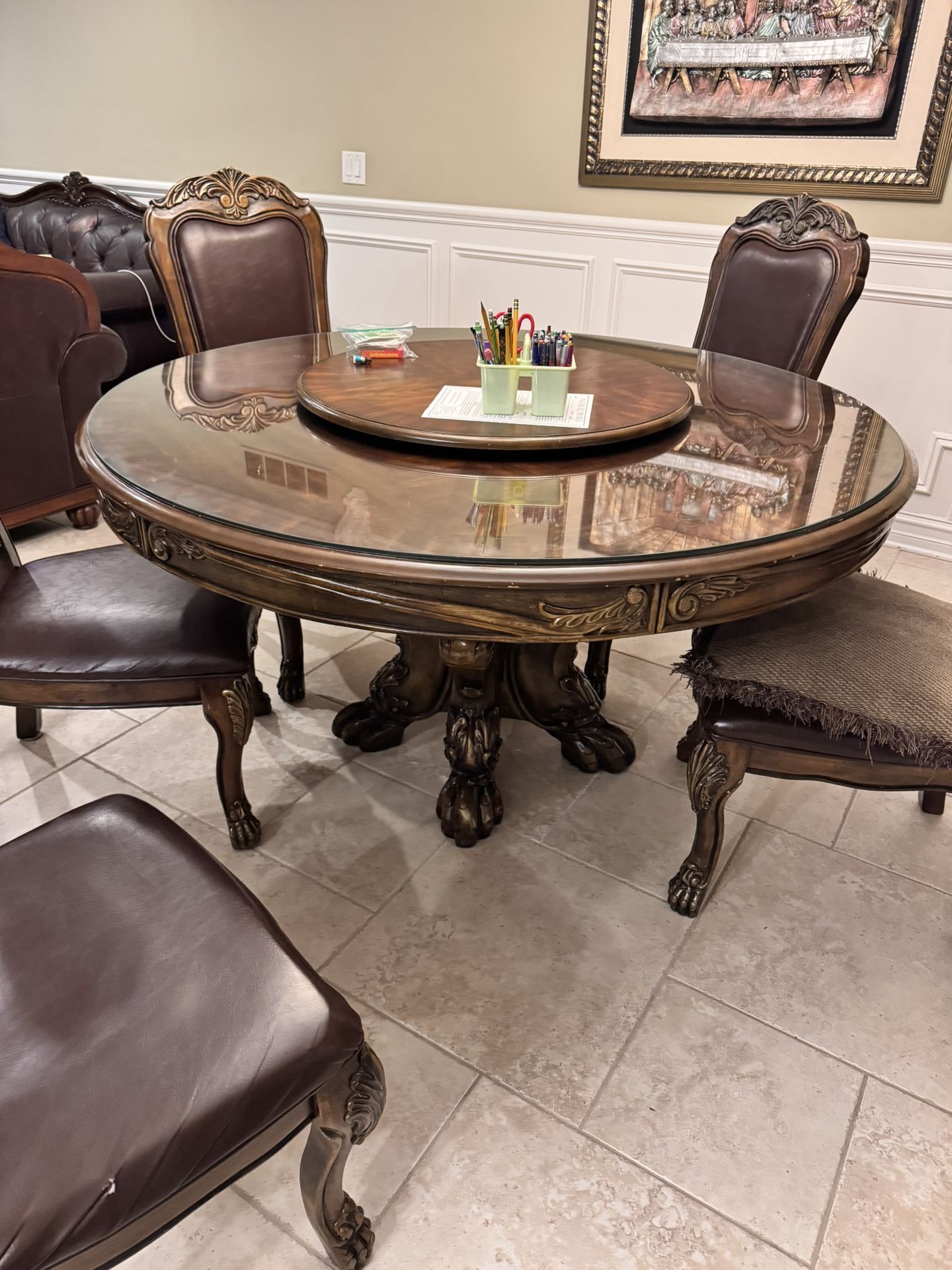 Round Wood Dining Table Set with Glass Top & 6 Carved Chairs